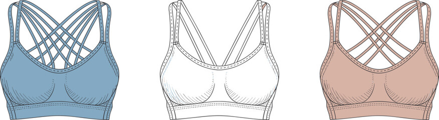 Women Sports Bra Vector Mockup Set with Criss Cross Straps and V Neck Detail in Blue White and Beige Colors