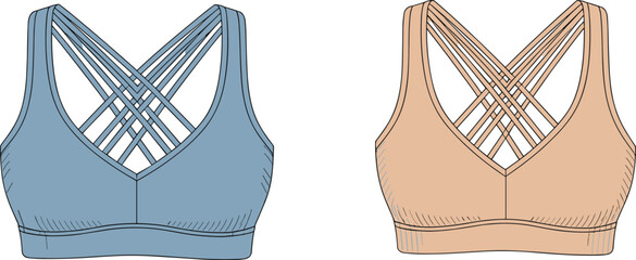 Women Sports Bra Vector Mockup Set with Criss Cross Straps and V Neck Detail in Blue and Beige Technical Fashion Illustration