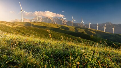 Wind turbines on rolling hills under a clear sky, showcasing renewable energy in nature.