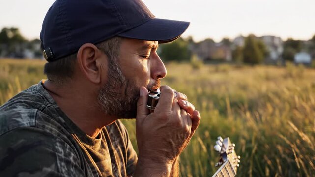 Man in baseball cap playing a harmonica in a field with a guitar during sunset