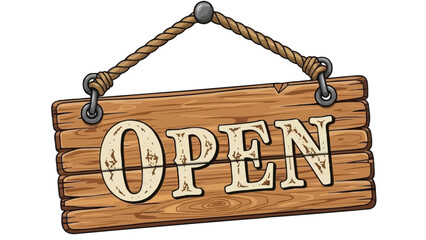 Rustic wooden open sign hanging on rope against black background