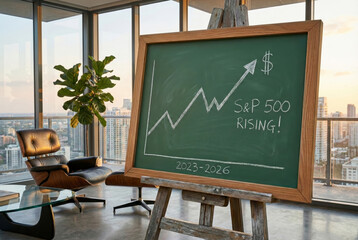Chalkboard with S&P 500 rising graph in modern office with city view