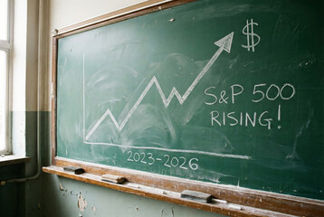 A green classroom chalkboard featuring a hand-drawn white chalk graph depicting the rising trend of the S&P 500 stock market index.