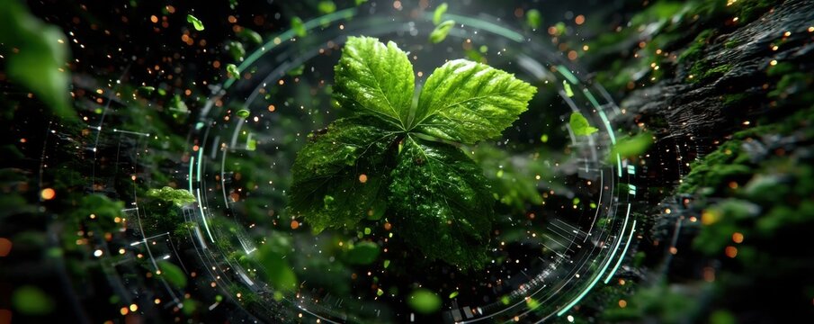 Green leaf with five lobes floating in a digital halo of rings and sparkles