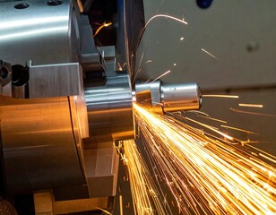 Close-up of metal grinding, sparks flying, machinery in operation, focused industrial process
