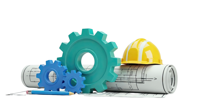 Engineering and Construction Concept: Blueprints, Gears, and Hard Hat - Powered by Adobe