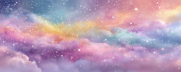 Pastel rainbow sky background with stars and clouds, a dreamy soft celestial backdrop