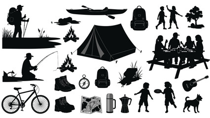 Obraz premium Black silhouettes of people enjoying outdoor activities like camping hiking fishing and picnicking with various equipment with leisure and adventure
