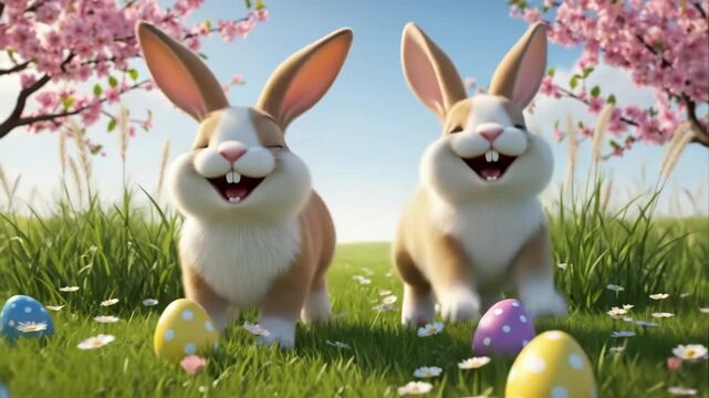 Two cheerful bunnies hopping through a vibrant spring meadow filled with colorful eggs and flowers, camera follows their playful movement with a smooth dolly effect