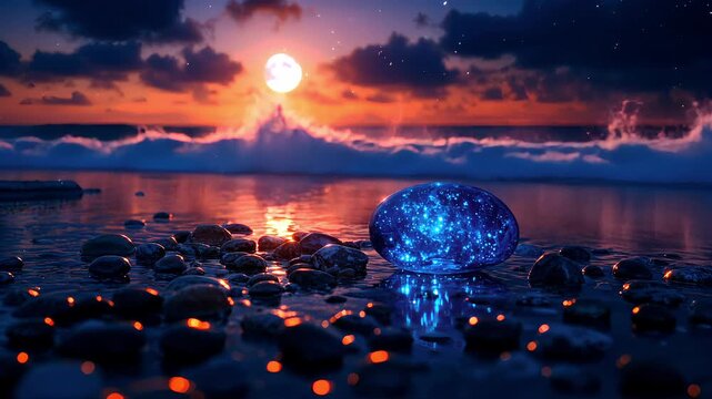 A surreal coastal scene featuring a vivid sunset sky reflected in wet shoreline pebbles. In the foreground rests a translucent blue sphere glowing with a galaxy-like pattern inside. 