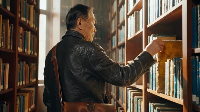 A man in a leather jacket browsing through books on a shelf
