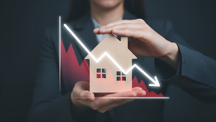 Business person carefully holding a small wooden house model against a declining white arrow and red chart background