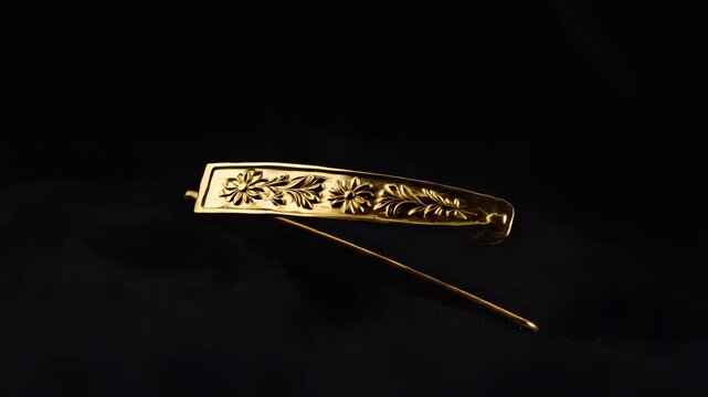 Tiny golden pin hovering mid-air, intricate engravings, black background 4K