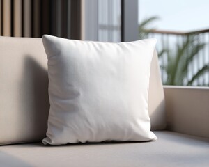 Blank white square throw pillow mockup resting on a modern outdoor sofa with tropical greenery visible in the bright background for textile design presentation