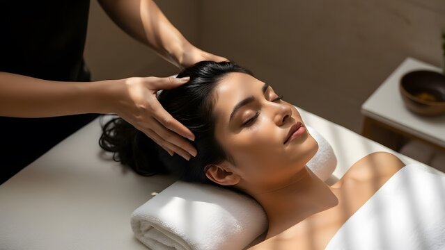 A tranquil scene of a woman enjoying a professional head and scalp massage at a bright spa, focused on well-being and relaxation.