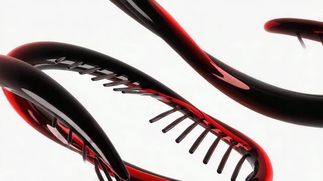 Intertwining red and black energy strands twisting like DNA, filmed with a smooth vertical rotation Luminescent flow and symmetry enhance the visual rhythm 4K.