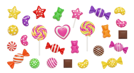 A vibrant collection of assorted candies and sweets, featuring swirled lollipops, gummy bears, jelly beans, chocolate squares, and striped candies, all presented on a transparent background.