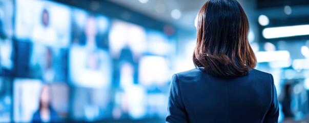 A professional individual stands before multiple screens displaying virtual meetings or presentations, emphasizing digital communication in a modern workplace.