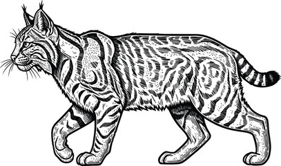 Fototapeta premium Black and White Woodcut Style Illustration of a Walking Bobcat with Striped Fur wild cat feline