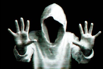 Hooded hacker pushing hands with glitch effect