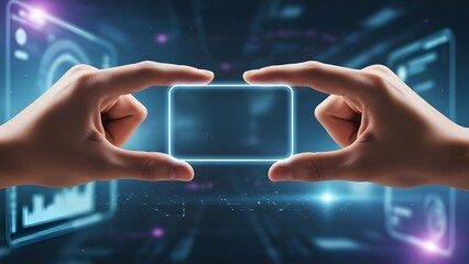 Human hands creating an illuminated digital frame, symbolizing augmented reality, future technology, data visualization, and immersive virtual interaction in a futuristic interconnected world