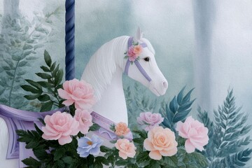 a whimsical carousel horse, adorned with pastel flowers and ribbons, gracefully glides through an enchanting garden filled with blooming roses.