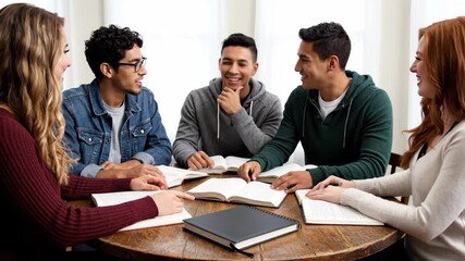Group of diverse students studying together at a round wooden table with books and notebooks - Powered by Adobe