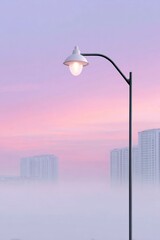 foggy urban landscape, pink sky, street lamp, buildings in the background