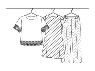 Woman clothing vector set on hangers hanging on clothesline line art illustration