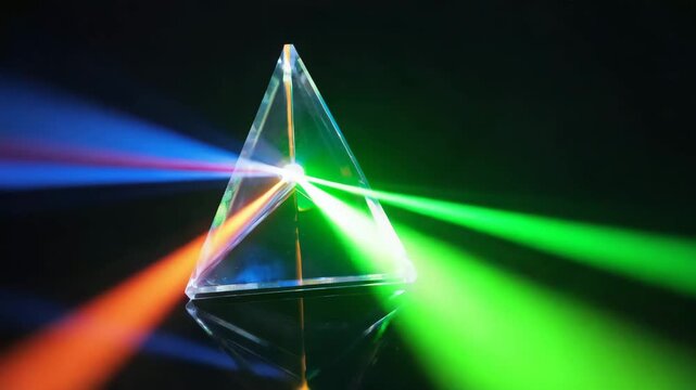 Glass prism floating mid-air, refracting light beams of red, blue, and green, black studio background 4K