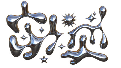 3D Chrome Liquid Abstract Shapes with Metallic Fluid Forms and Star Spark Elements Futuristic Modern Illustration on White Background