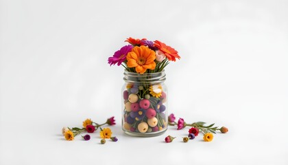 A clear glass jar filled with various small items that resemble nature, placed on a plain surface