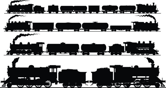Silhouette of vintage steam train, old locomotive with wagons, railway transport illustration, cargo tanker cars, retro transportation concept, vector design