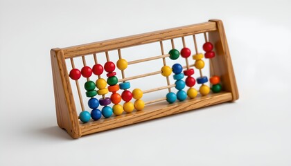 A small wooden abacus with beads in various colors: red, blue, yellow, green, purple, and orange. The abacus has two vertical columns of beads on each side, and one horizontal row with more beads