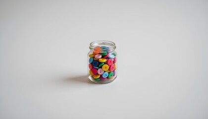 A transparent jar filled with assorted buttons, set against a plain background