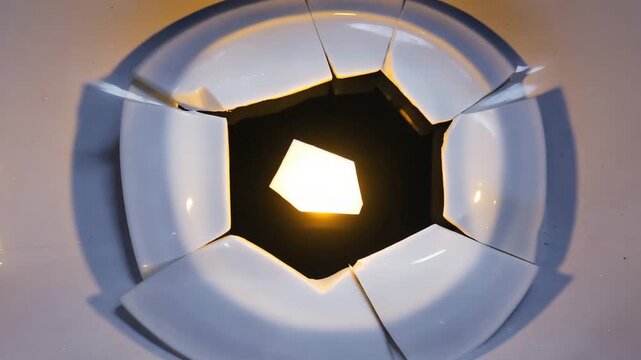  Fragment of white porcelain, smooth cracked edges, soft glowing core 4K