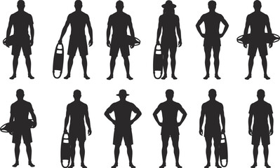 Collection Of Lifeguard Silhouettes In Various Poses With Rescue Buoys vector illustration