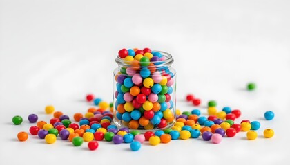 A jar filled with colorful candies that are scattered around it.