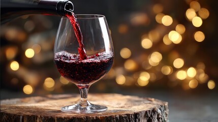 A glass of red wine is being poured, set against a blurred, warm bokeh background, creating an inviting and cozy atmosphere.