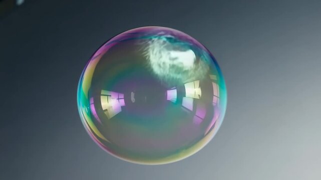 Single iridescent soap bubble floating mid-air, reflective light hues 4K