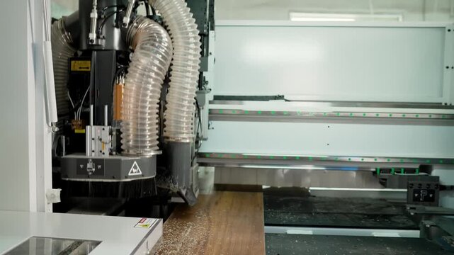 Industrial cnc router machine milling wood panel in a furniture factory