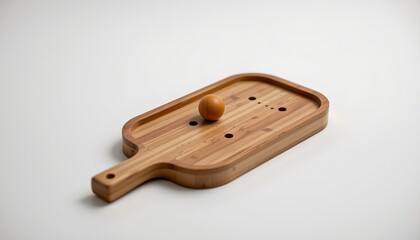 A wooden paddle board game piece with an oversized orange pool ball resting on it. The paddle has a handle in front and is placed against a white background.