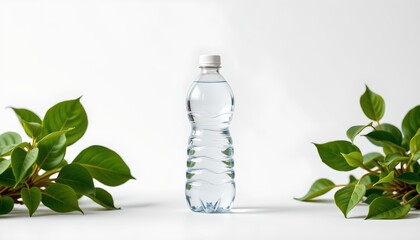 A bottle of water is placed between two potted plants with green leaves, set against a plain background.