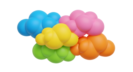 A grouping of four colorful, abstract, rounded objects, rendered in vibrant shades of blue, pink, yellow, and orange, are clustered together against a transparent background.