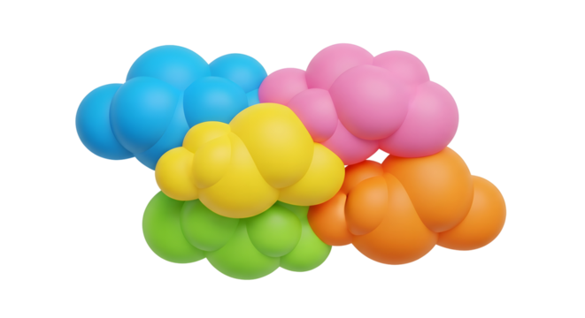 A grouping of four colorful, abstract, rounded objects, rendered in vibrant shades of blue, pink, yellow, and orange, are clustered together against a transparent background. - Powered by Adobe