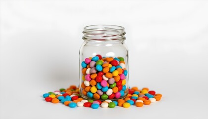 A jar filled with colorful candy, with several candies spilling out onto a white background.