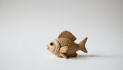 A small wooden fish figurine with large eyes and fins, sitting against a light background that fades into white at the bottom.