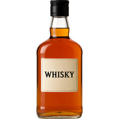 Amber whiskey bottle with blank label and black cap isolated on transparent background