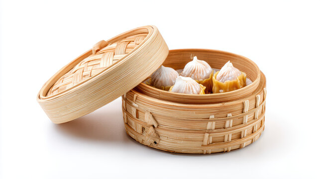 dim sum basket with steamed dumplings on white background