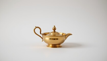 A golden tea pot with a matching lid on a pristine white surface.